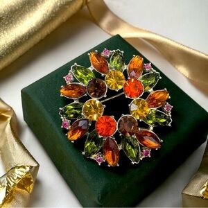 Emmons Vintage Large Rhinestone Brooch - Topaz, Orange, Green, Pink, Amber